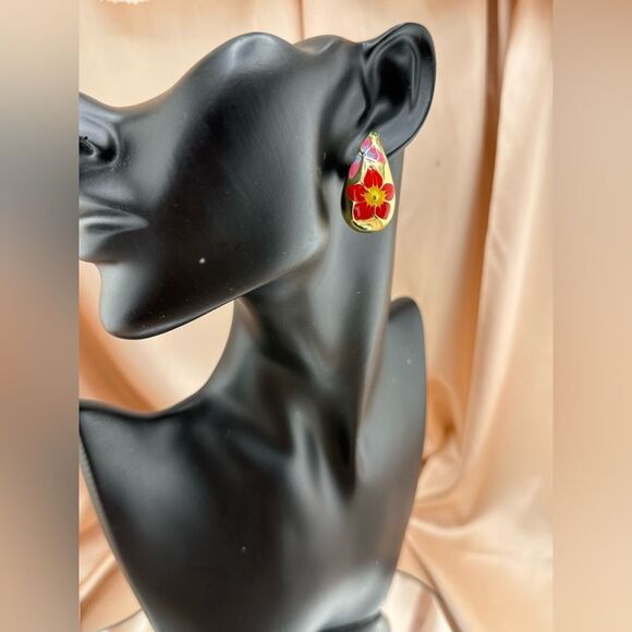 Gold Teardrop Enamel Earrings with Red and Pink Floral Design - Picture 5 of 5
